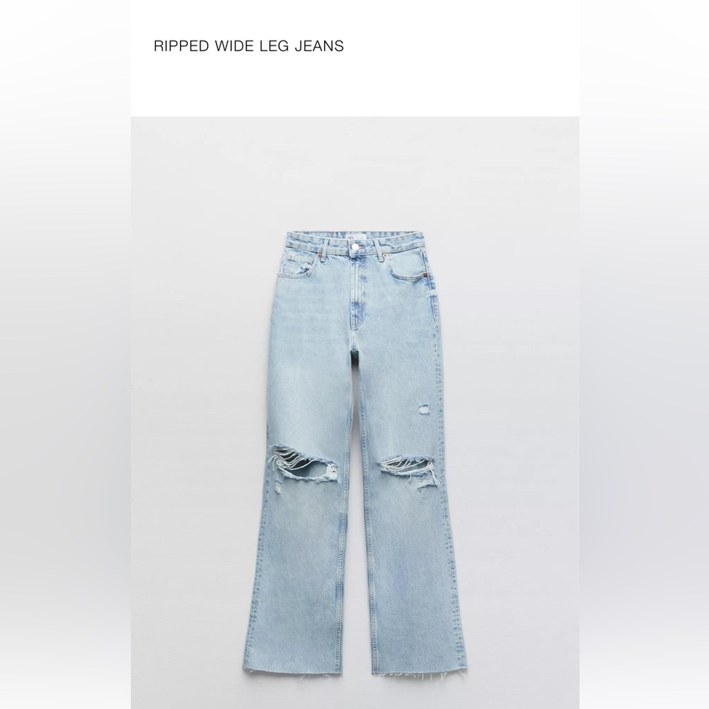 Zara ripped wide leg light blue jeans